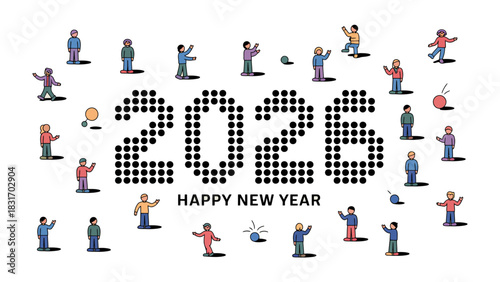 New Year Celebration 2026: A cheerful illustration of the year 2026, surrounded by diverse figures engaged in festive activities. It is a vibrant portrayal of collective joy, hope.