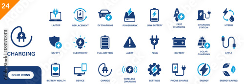 Charging icon. Includes cable, fast charging, EV, phone charge, battery, solar charging. Solid vector icon set.