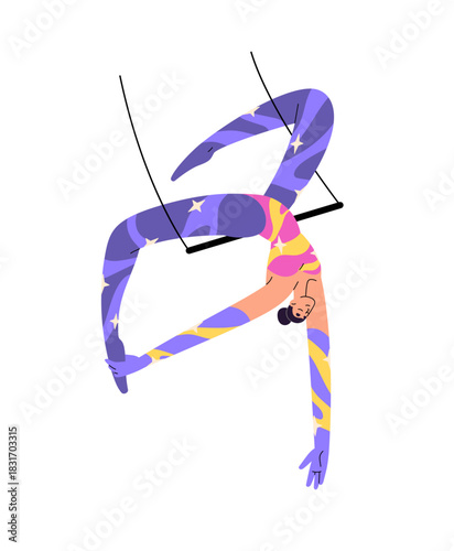 Circus acrobat performs on trapeze. Gymnast in costume does tricks in the air. Aerial dancer, happy artist swings, does stunts in cirque. Flat isolated vector illustration on white background