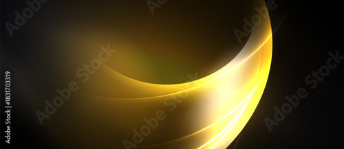 Abstract golden curves flow across dark background. Smooth gradients create dynamic, elegant visual effect. Light emphasizes form, depth.
