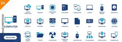 Computer icon. Including desktop, processor chip, cloud computing, hard drive, technology. Solid vector icon set.