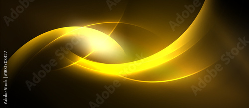 Abstract golden lines create dynamic flow. Bright light source radiates energy, contrasting dark background. Smooth curves suggest movement.