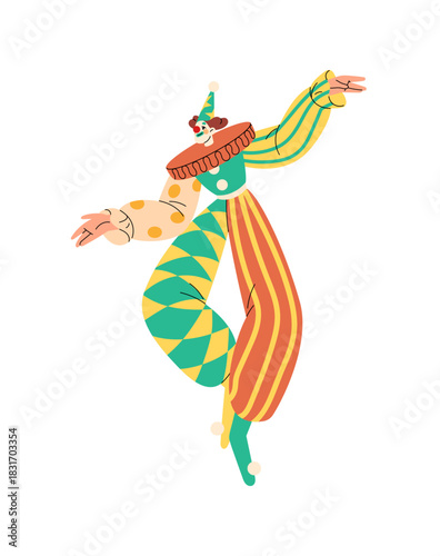 Funny clown in colored costume shows on stage. Harlequin, fool performs in circus. Cirque artist, joker, jester in suit is on carnival, festival. Flat isolated vector illustration on white background