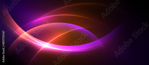 Abstract vibrant curves radiate from central bright point. Purple, orange hues blend, creating dynamic visual effect. Smooth gradients dominate composition.