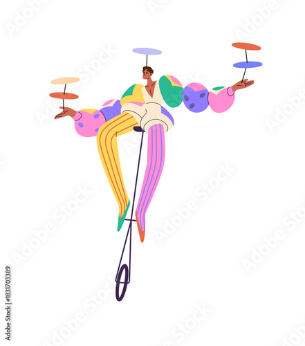 Clown in bright costume balances on unicycle with plates. Artist shows tricks on stage of circus. Performance of harlequin in cirque, carnival. Flat isolated vector illustration on white background