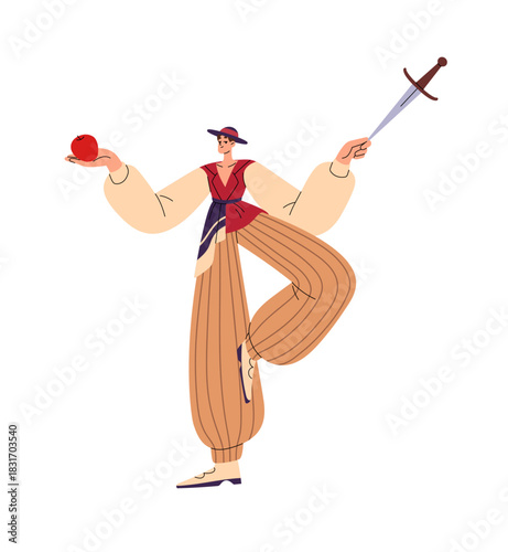 Knife thrower is on circus stage. Cirque artist holds apple and blade in hands for performance. Performer shows dangerous tricks with weapon. Flat isolated vector illustration on white background