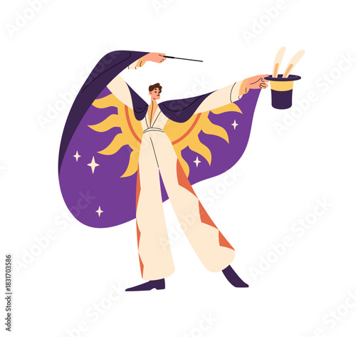 Magician in cloak pulls top of rabbit from hat. Showman in costume with magic wand does trick in circus. Performance of wizard on stage. Flat isolated vector illustration on white background