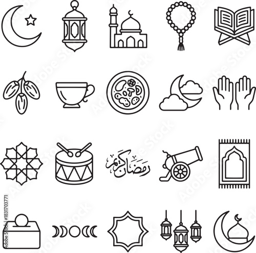 Collection of Islamic Ramadan symbols and icons in a clean outline style