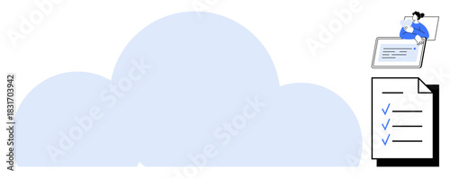 Cloud computing. Cloud computing illustration a checklist, laptop user, and a large cloud icon. Cloud computing s data storage, organization, and collaboration. Ideal for business tools, teamwork