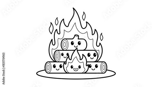 Cute cartoon campfire with smiling logs and flames in black and white