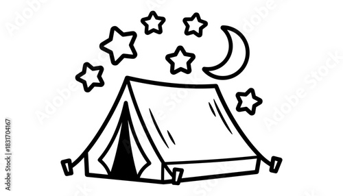 Camping tent with stars and moon in simple line art style