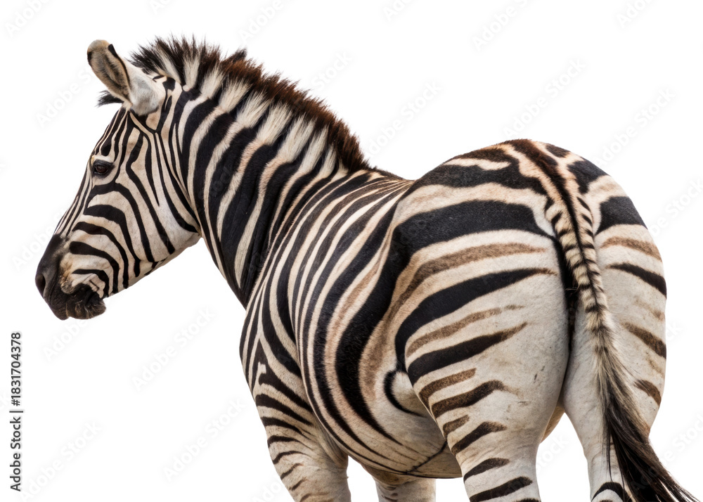 Fototapeta premium Closeup rear view of a zebra with striking black and white stripes, perfect for wildlife photography and savannathemed projects.