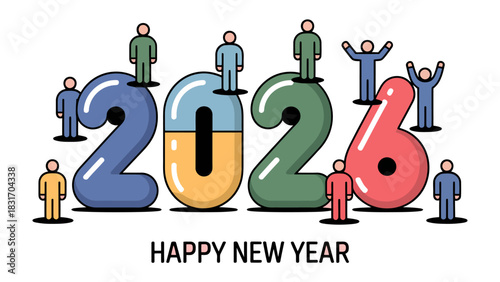 New Year's Greetings 2026: A vibrant and modern design captures the spirit of the New Year, with stylized numerals and figures forming a cheerful, celebratory image. 