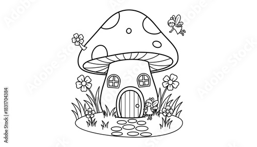 Enchanting mushroom house with fairies for kids coloring