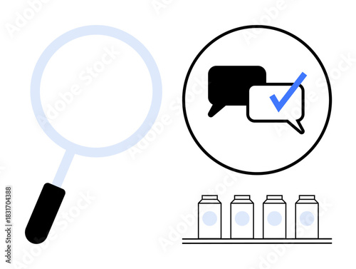Magnifying glass, chat bubbles with checkmark, and four labeled bottles symbolize scrutiny, communication, verification. Ideal for quality control, customer feedback, inspection, validation reviews