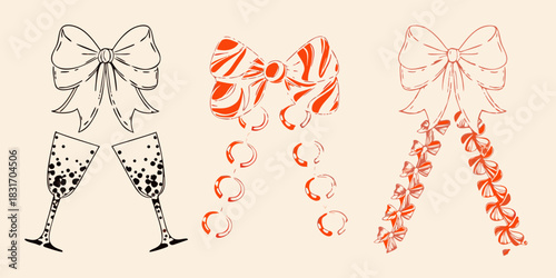 Festive celebration hand drawn champagne glasses and bows for special occasions