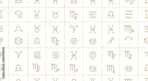 Collection of zodiac symbols and astrological signs arranged in a grid pattern with minimalist