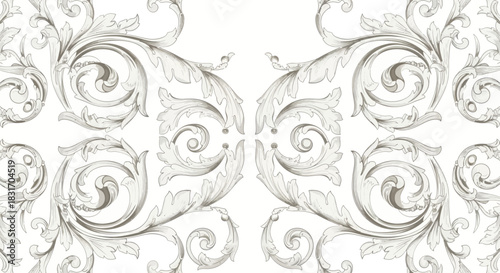 Intricate grayscale floral ornate pattern with detailed swirling leaf motifs suitable for