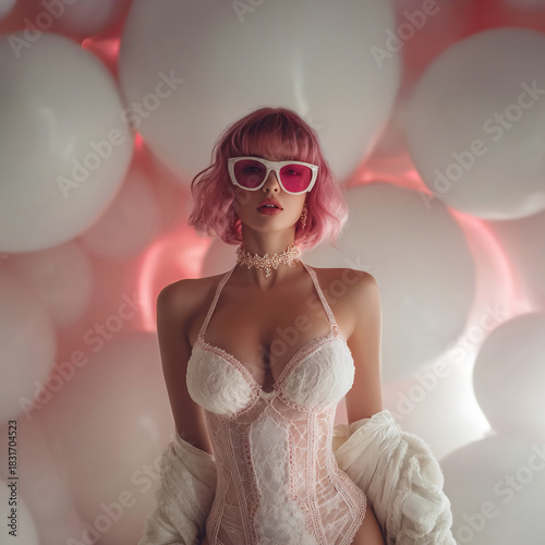 cool woman in futuristic pink white room, modern sci-fi interior portrait, stylish woman in neon future space