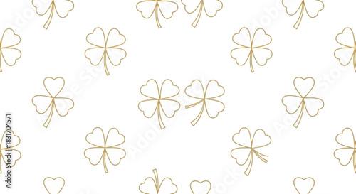 Elegant minimalistic pattern featuring delicate golden four-leaf clovers and hearts on a white