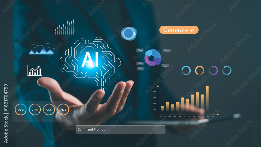 Fototapeta premium A business professional interacts with digital AI analytics, showcasing graphs and data visualizations that represent insights and technology.
