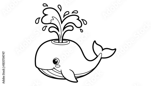 Playful whale with water splash in simple black and white design