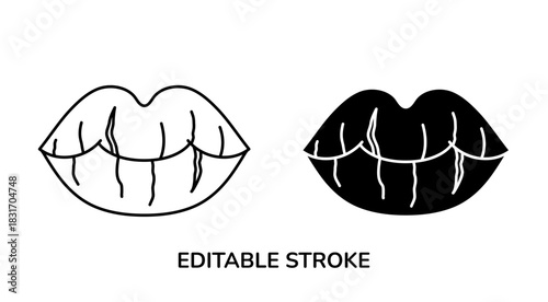 Cheilitis icon. Cracked lips sign, line and silhouette vector, editable stroke