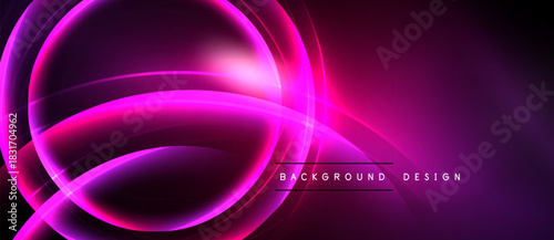 Vibrant neon lines form abstract circular shapes. Dark background emphasizes glowing purple hues, modern design element.