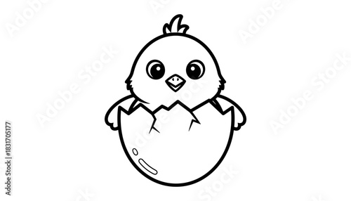 Cute baby chick emerging from egg in simple black and white cartoon style