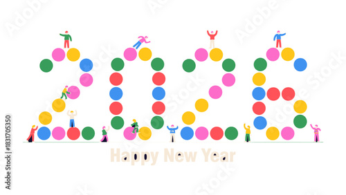 New Year's Eve Celebrations: The vibrant scene portrays a colorful representation of 2026, where tiny figures are celebrating the arrival of the new year, embodying the spirit of joy and festivity.