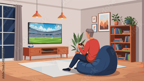Relaxing at Home A Man Playing Video Games on a Big Screen TV, Enjoying Leisure Time, Cozy Atmosphere