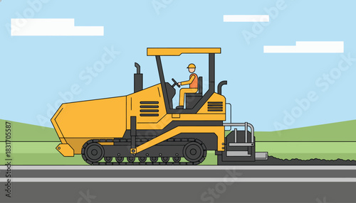 Worker Operating Heavy Asphalt Paver Machine for Road Construction and Paving, Flat Vector Illustration of Industrial Equipment Laying New Road Surface