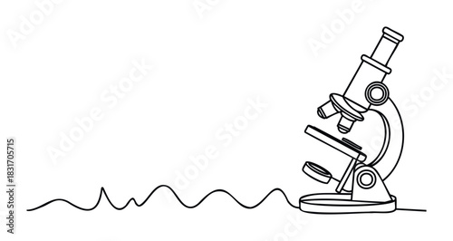 Scientific microscope with wavy line symbolizing heartbeat or sound wave for medical and research concepts for use in science presentations and healthcare media.