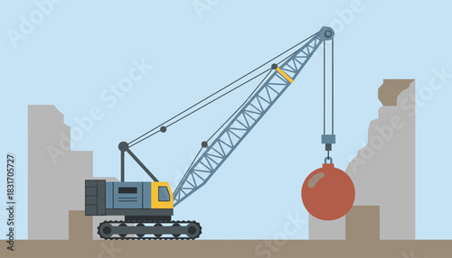 Heavy Demolition Crane with Wrecking Ball at a Construction Site, Flat Vector Illustration of Industrial Building Destruction