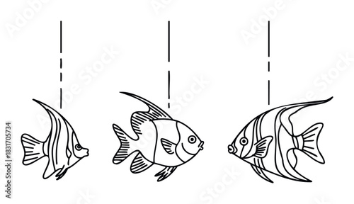 Three distinct sea creatures with striped bodies and fins swim in a line, perfect for marine life educational materials or oceanthemed graphic projects.