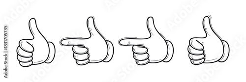 Series of black and white hand drawn thumb up gestures and pointing fingers symbolizing approval, agreement, and direction suitable for positive feedback and communication themes.