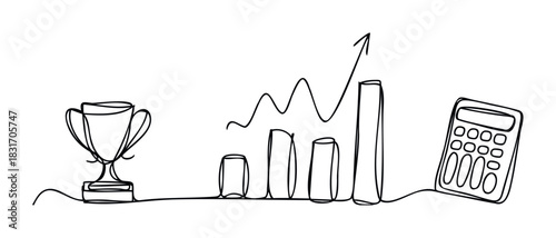 Trophy and calculator with upward trending graph symbolizing success and financial growth for business performance and achievement themes