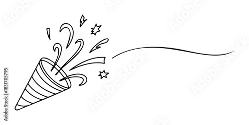 Black outline of a party popper exploding with confetti and streamers, perfect for celebration or festive announcements and invitations.