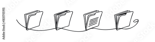 Simple line drawing of four open file folders connected by a single continuous wavy line, representing workflow and document management for business presentations and information