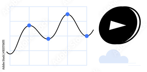 Line graph with blue markers on grid background, play button, and cloud element. Ideal for presentations, data visualization, analytics, digital content, education stats progress tracking. Modern