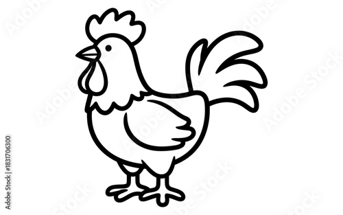 Simple line art of a rooster with bold outlines for coloring books