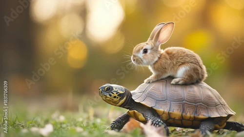 Cute Rabbit Rides on Tortoise Shell in Autumn Forest Sunlight