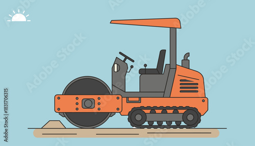 Orange Road Roller Compactor Vehicle Icon in Flat Design Style, Industrial Construction Equipment Illustration for Roadworks and Infrastructure
