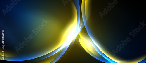 Abstract design features flowing blue, gold shapes. Light radiates from central point, creating dynamic visual effect. Smooth gradients dominate composition.