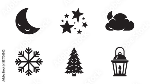 Collection of six black silhouette icons representing winter and night themes isolated on white background