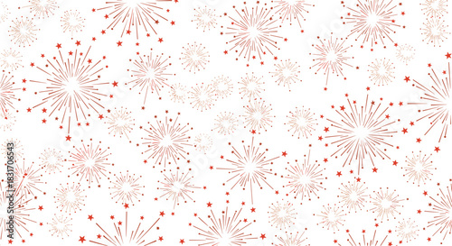 Seamless pattern of sparkling fireworks in a festive celebration on a white background.