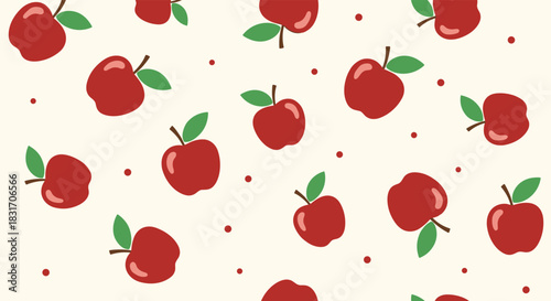 A charming pattern featuring bright red apples and small dots scattered across a cream background.