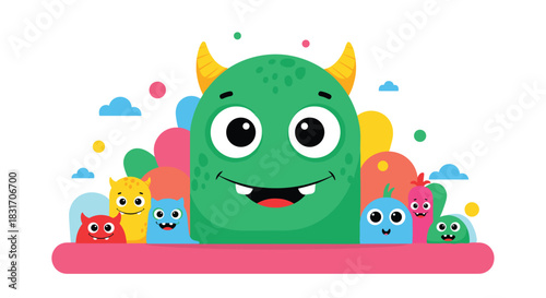 A group of colorful cartoon monsters with big eyes smiling together.
