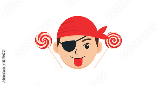 A playful pirate character with a red bandana and an eye patch sticks his tongue out between two swirly lollipops.