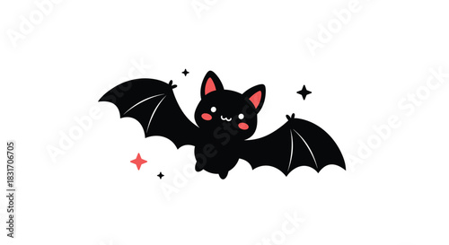 A cute little black bat with pink cheeks flying amongst stars and clouds on a white background.